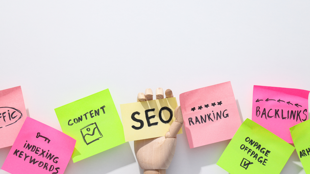 images of sticky notes with SEO and other digital marketing terms written in pen