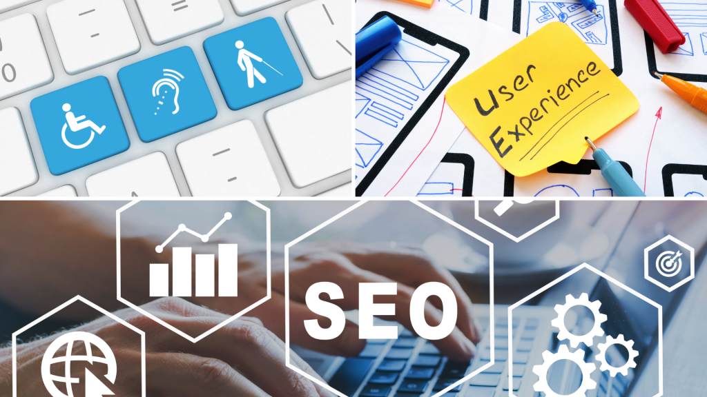 key board with accessibility options, sticky note with user experience, SEO icons