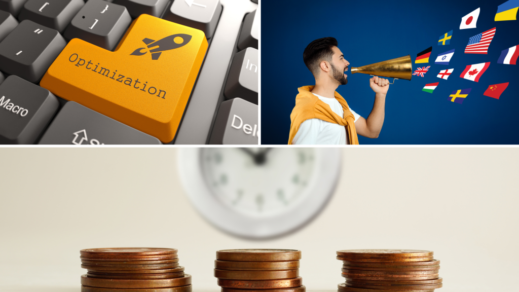 A yellow keyboard optimizing button, a man using a megaphone and country flags flying out, a clock with money.