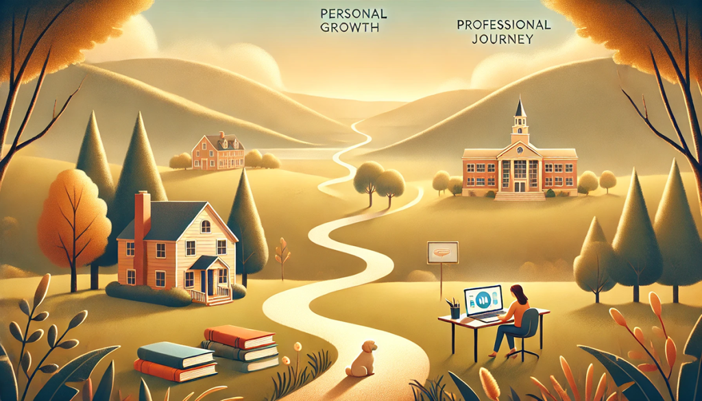 images of path of professional journey and personal growth. Cartoon mountains, trees schools, yoga mats, and my miniature poodle, Viona. 