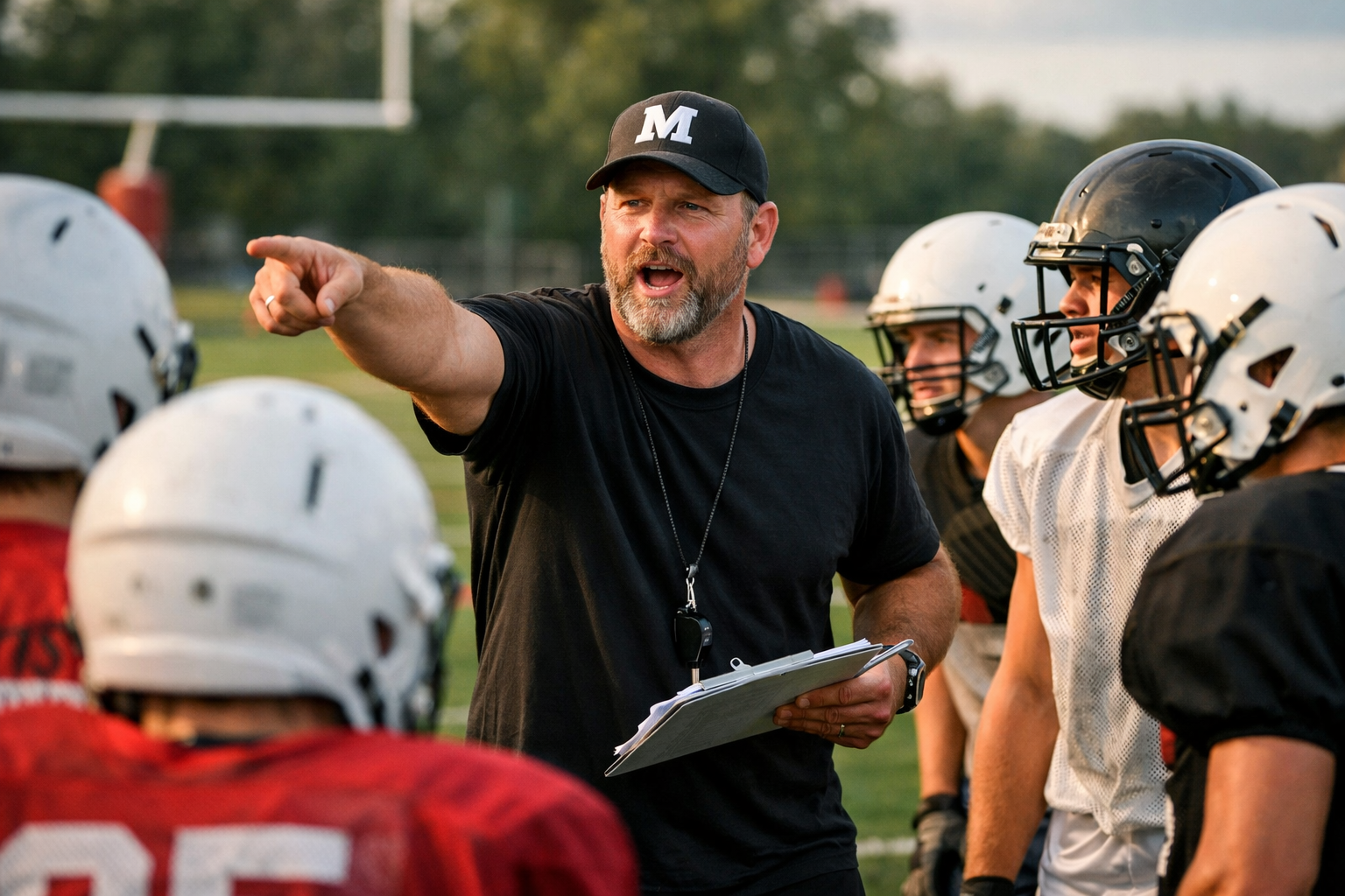 High school football coach giving instructions to players during practice.