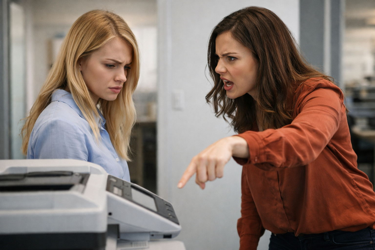 Woman being instructed to stand next to a printer, illustrating how vague or arbitrary workplace expectations can undermine confidence and create unnecessary frustration.