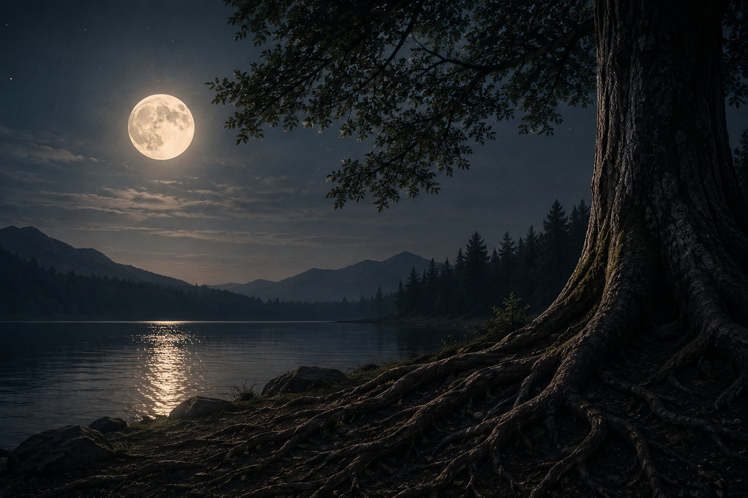 Moonlit lake with twisted tree roots along the shoreline, symbolizing the hidden emotional foundations beneath outward confidence.
