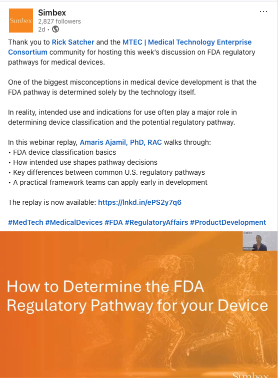 LinkedIn campaign promotion for FDA regulatory webinar replay