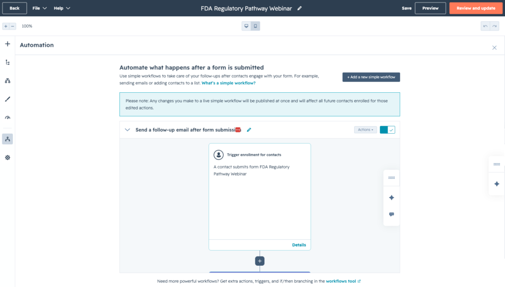 HubSpot workflow automation setup for webinar follow-up email