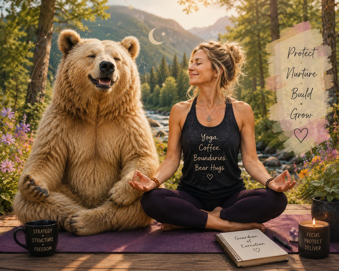A smiling bear practicing yoga, representing the calm confidence and inner steadiness that emerge when we stop performing and embrace our authentic selves.