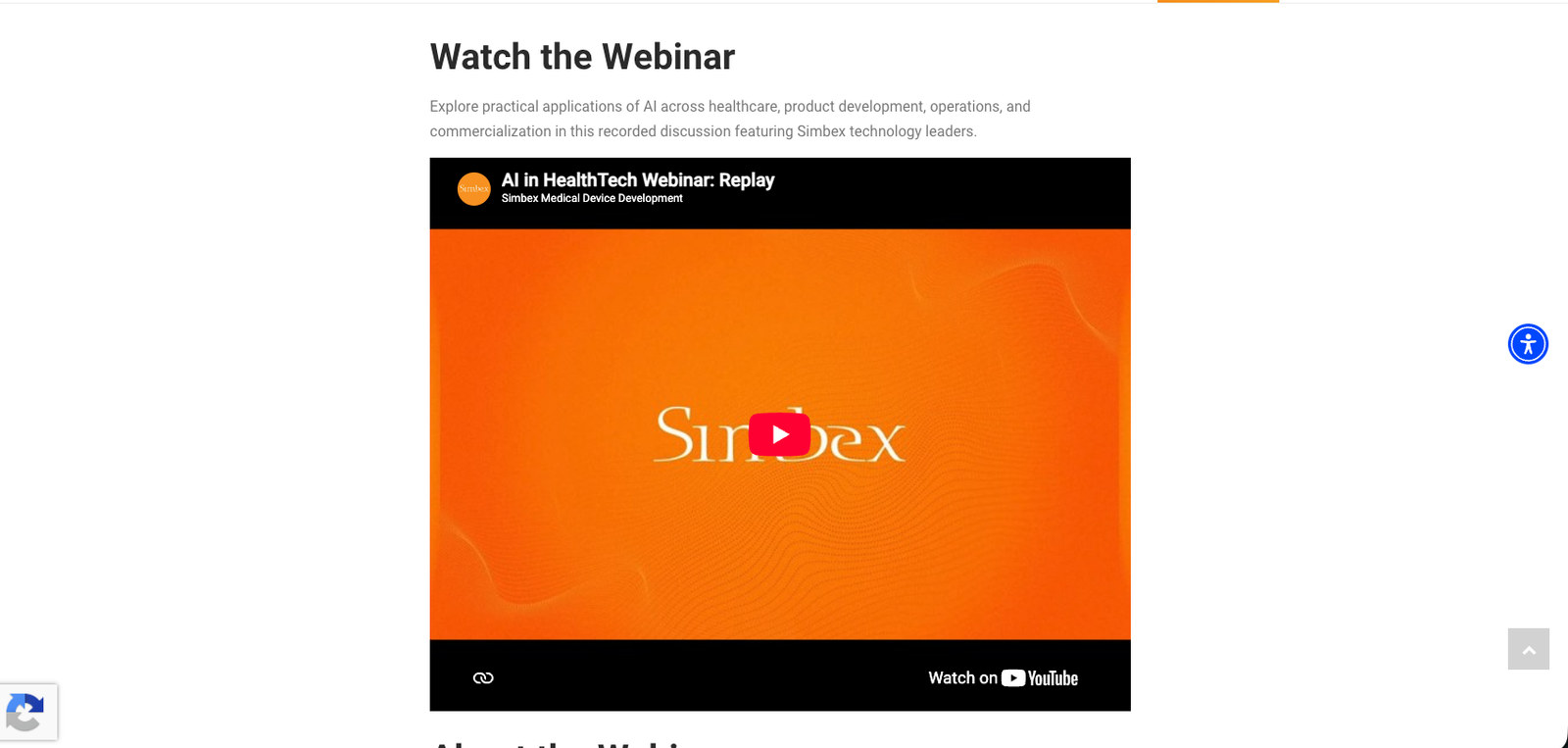 Unlisted YouTube webinar replay embedded within the protected Simbex landing page