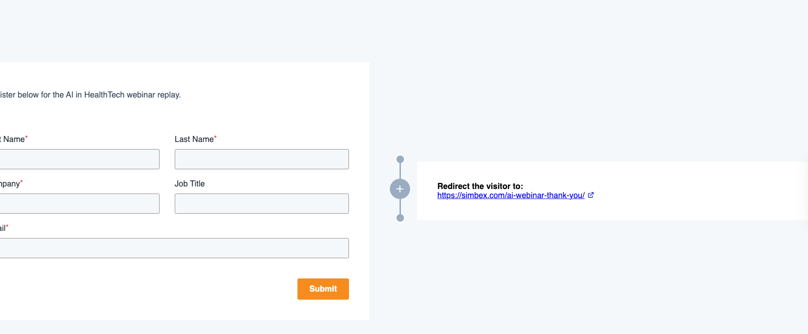 HubSpot webinar replay registration form showing the post-submission redirect configuration