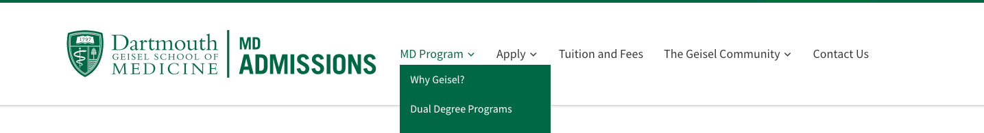 Geisel School of Medicine MD Program navigation showing Why Geisel and Dual-Degree Programs as high-level navigation destinations.