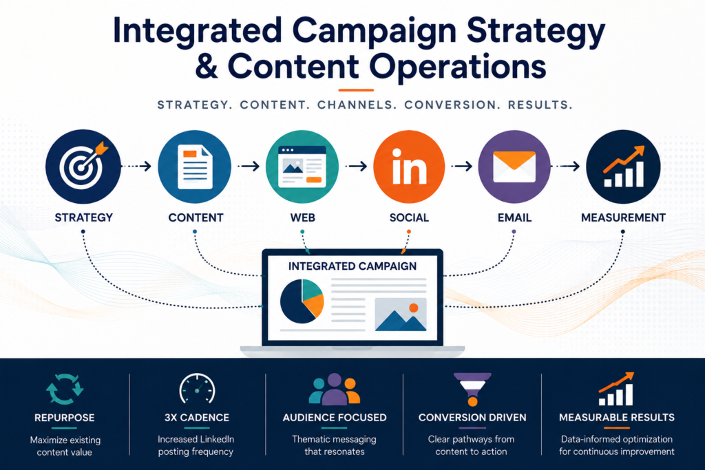 Integrated campaign strategy connecting content, web, social media, email, and measurement to create audience-focused, conversion-driven digital campaigns.