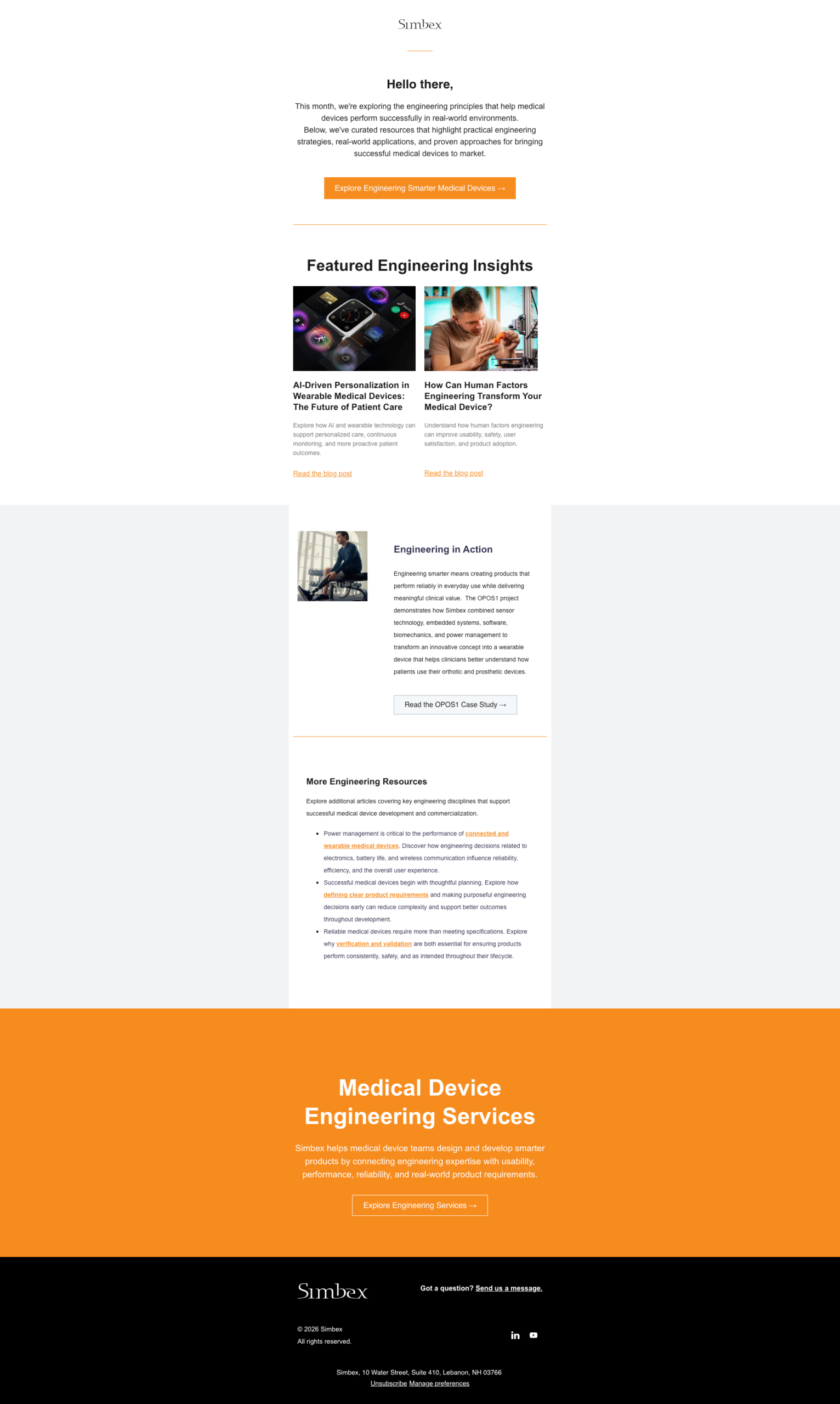 Engineering Smarter Medical Devices subject-focused email featuring the July campaign theme, technical resources, and calls to action.