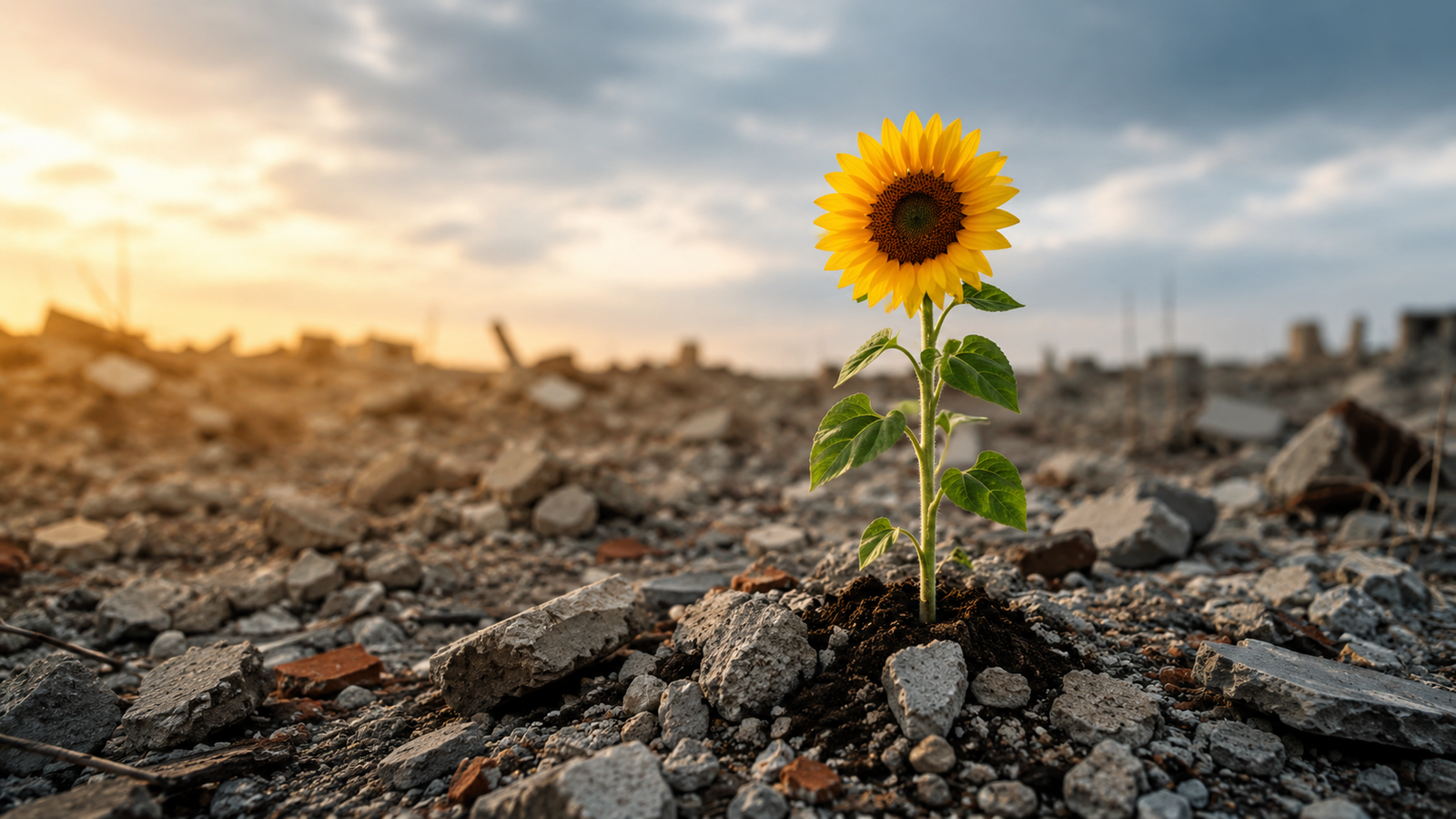 Sunflower growing amid rubble, representing kindness, strength, and resilience